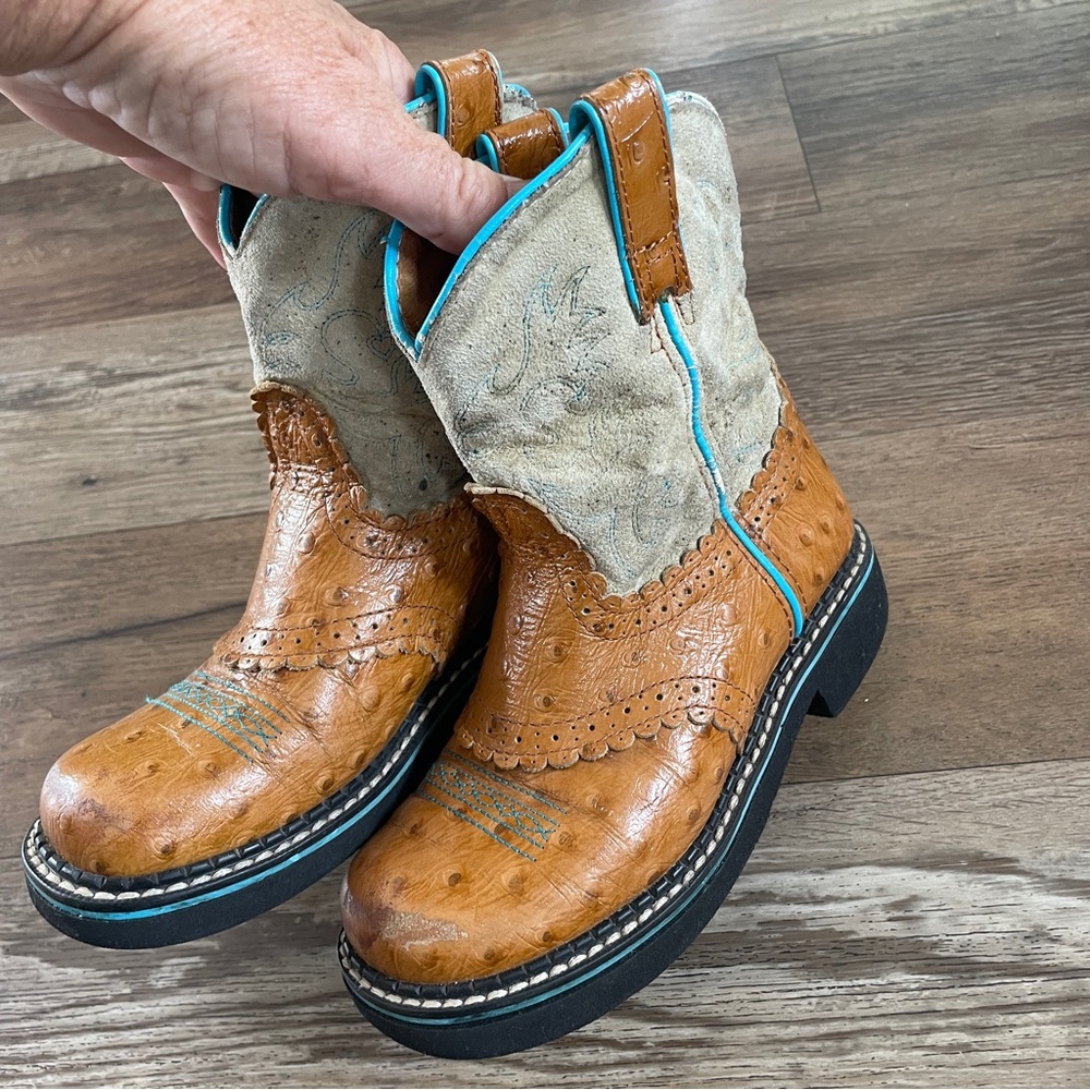 Ariat Tan and Cream Kids Western Boots with Turquoise Trim